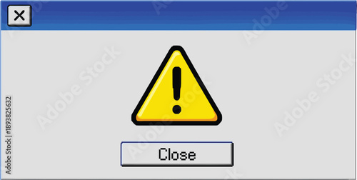 Retro computer error message popup window featuring a yellow warning triangle icon with exclamation mark and a close button for digital interface design