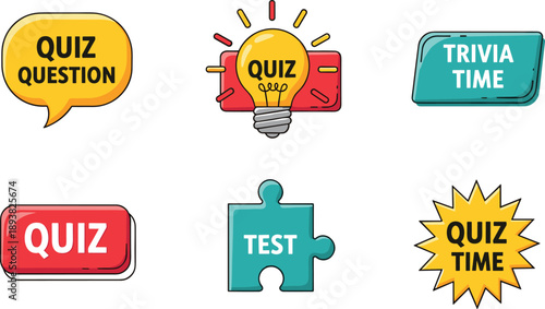 Set of colorful quiz and trivia badges including lightbulb icons speech bubbles puzzle pieces and starburst stickers for educational games and online tests