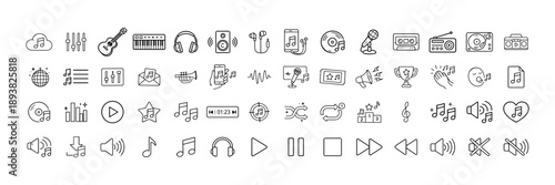 Music and Audio Line Icon Set – Sound, Player Controls and Instruments