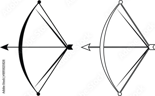 Bow icons collection and group of archery weapon set isolated on transparent background, flat line black vector illustration of hunting arrows and traditional bow symbols