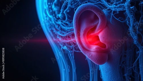 Close-up of human ear with glowing red inner ear canal