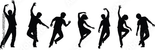 Dancing people silhouettes, energetic dance poses collection, modern freestyle movement, expressive dancers isolated on white background vector