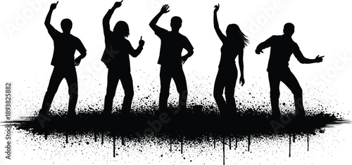 Dancing people silhouettes, party crowd energy, nightclub dance floor, music celebration scene, black and white illustration