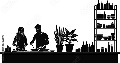 Cooking, Kitchen, Couple, Silhouette, Food, Culinary, Home, Lifestyle, People, Cooking, Dinner, Preparation, Interior, Black, Vector, Illustration, Design, Isolated, Modern, Scene