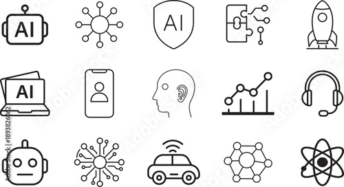 Minimalist AI and Technology Icons – Neural Networks, Robotics, Data Science, Innovation Symbols