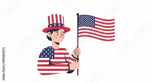 person holding the United States national flag, calm patriotic expression, clean contemporary style, simple shapes