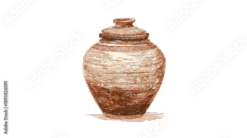 Hand-drawn sketch of an antique clay pot with lid, rustic pottery artwork, vintage earthenware illustration.