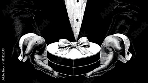 Elegant black and white illustration of hands in a tuxedo holding a heart-shaped gift box with a bow, symbolizing love and special occasions.