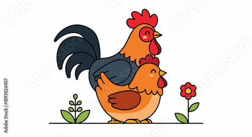 Vibrant vector illustration featuring a cheerful rooster perched affectionately on a supportive hen, symbolizing companionship and the simple joys of a farm family with a touch of whimsy