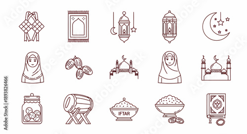 Detailed outline vector icons illustrating various traditions and elements of Islamic celebration, Ramadan, and Eid al-Fitr, showcasing prayer, food, and cultural symbols