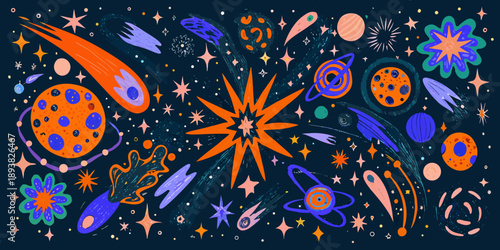 Colorful illustration depicting planets stars and comets in a whimsical space scene