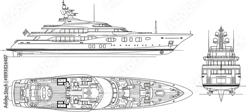 Technical line art drawing of a luxury superyacht featuring side view top deck plan and front perspective for naval architecture and maritime design