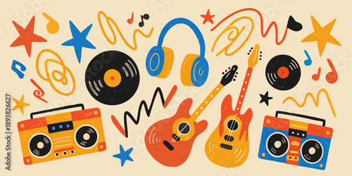 Colorful illustration featuring musical instruments records and audio equipment