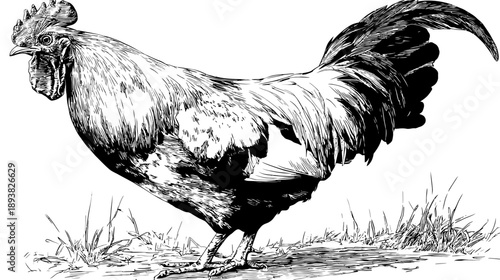 Vintage rooster illustration, black and white engraving of a farm fowl standing on grass, traditional domestic chicken drawing