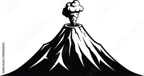 Black and white erupting volcano mountain vector illustration with smoke and ash clouds, dramatic natural disaster landscape icon isolated on a white background.