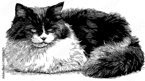 Vintage black and white illustration of a fluffy domestic cat lying down, engraved style artwork of a long-haired feline pet