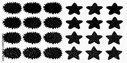 Arrangement of black spiky circular and star shaped designs on white