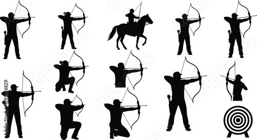Black archer silhouettes set with various aiming poses including standing kneeling and horseback riders shooting arrows at bullseye targets for sports and competition.