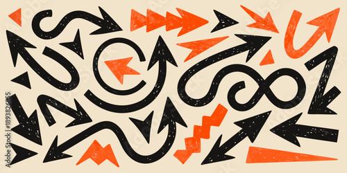 Dynamic composition of black and orange arrows in a chaotic pattern