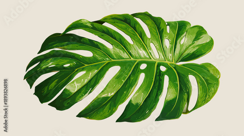 Vibrant green Monstera leaf with characteristic splits and holes, isolated on a light background. Tropical plant foliage design element.