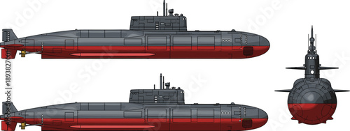Vector illustration of a modern military submarine featuring side and front view profiles for naval defense maritime warfare and ocean navy ship design