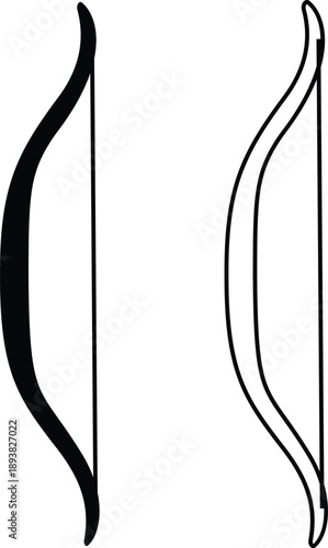 Side view bow icons collection and group of archery weapon set isolated on transparent background, flat line black vector illustration of traditional hunting bow symbols