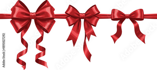 Vector illustration of three decorative red silk ribbon bows with curly tails on a horizontal line for festive holiday gift and wedding design
