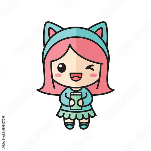 Cute Kawaii Girl with Cat Ears Vector Illustration