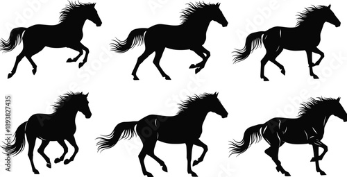 Horse, Silhouette, Running, Gallop, Animal, Wild, Nature, Equestrian, Black, Vector, Illustration, Motion, Speed, Power, Freedom, Mammal, Isolated, Collection, Set, Dynamic