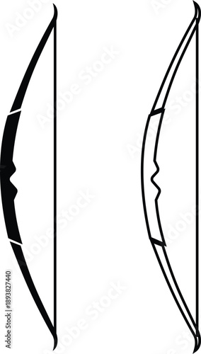 Side view bow icons collection and group of archery weapon set isolated on transparent background, flat line black vector illustration of traditional hunting bow symbols