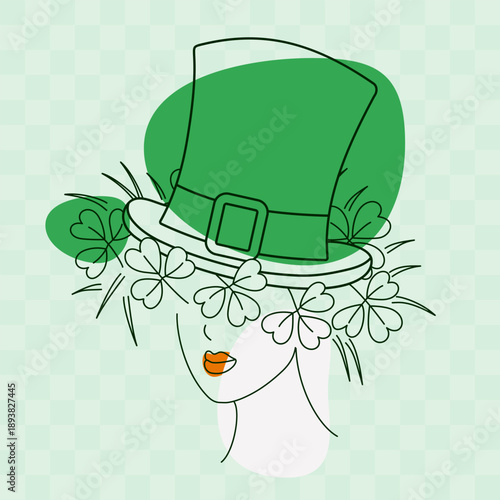 Female Contour Silhouette in Leprechaun Hat on head and abstract spots Irish Festival Design concept. Isolated Vector illustration St Patrick Day Greetings, Themed Cards Promo Banner, leaflets, labels