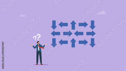 Confused frustrated businessman look at direction arrows with question marks. Confusion, frustration or decision making, mess, dilemma or complicated problem, lack of understanding, uncertain.