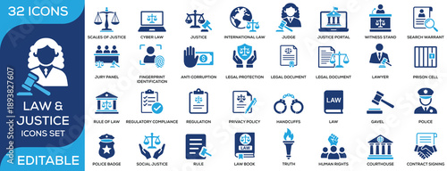 Law and justice solid icon set featuring legal documents, lawyer, court, police, justice, and human rights. Clean flat vector icons for legal and compliance projects.