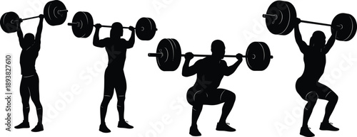 Black silhouette sequence of athletes performing barbell squat and overhead press exercises, strength training workout routine, 