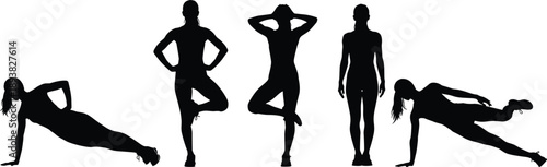 Black silhouette sequence of women performing yoga and fitness exercises, balance, strength and flexibility poses, healthy lifestyle workout concept isolated on white background 