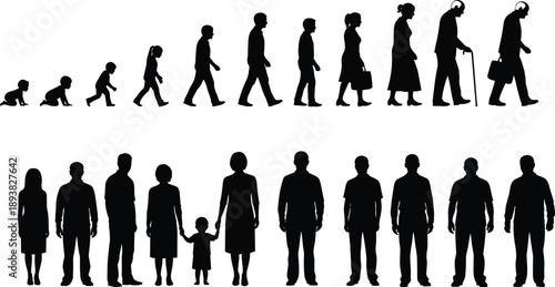 Human life stages silhouette set, aging process from baby to senior, growth evolution timeline, people lifespan illustration concept icons vector