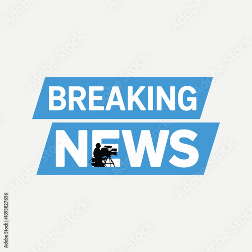 Breaking news graphic with a television camera silhouette on a light background