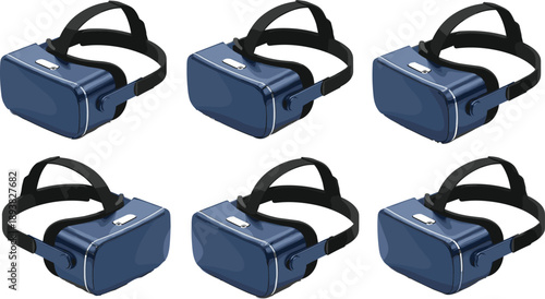 Vector illustration set of blue virtual reality headsets with head straps for gaming simulator metaverse experience digital entertainment and high technology hardware design