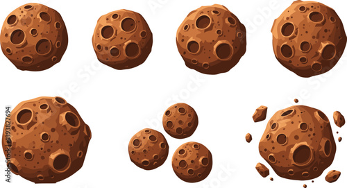 Vector illustration set of brown asteroids and meteorites with craters and rocky textures for space exploration science fiction and astronomical design projects