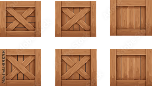 Vector illustration set of brown wooden cargo crates with cross bars and vertical planks for shipping delivery storage and logistics warehouse design