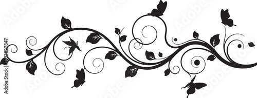 Elegant vertical floral vine silhouette decorated with small butterflies, featuring a graceful botanical flow and minimalist aesthetic.