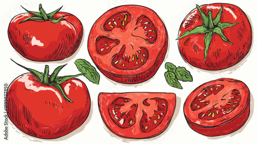 Hand-drawn Red Tomatoes Vector Illustration Set. Whole, Sliced Halves, and Quarters with Fresh Basil Leaves on White Background.