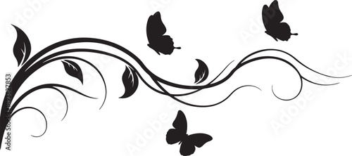 Elegant vertical floral vine silhouette decorated with small butterflies, featuring a graceful botanical flow and minimalist aesthetic.