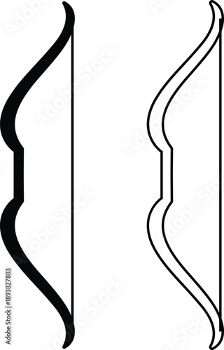 Side view bow icons collection and group of archery weapon set isolated on transparent background, flat line black vector illustration of traditional hunting bow symbols