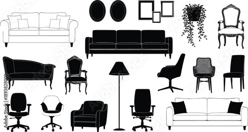 Modern furniture silhouettes set, sofas chairs armchairs lamps frames plants, minimalist home interior decor collection, black and white vector illustration