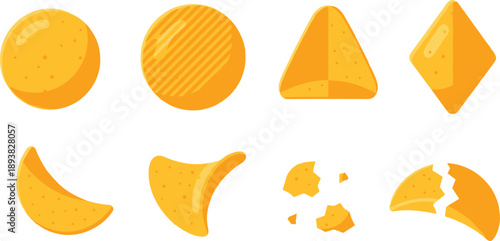Vector illustration set of eight yellow potato chips and crispy corn snacks in various shapes including round triangle diamond and broken pieces