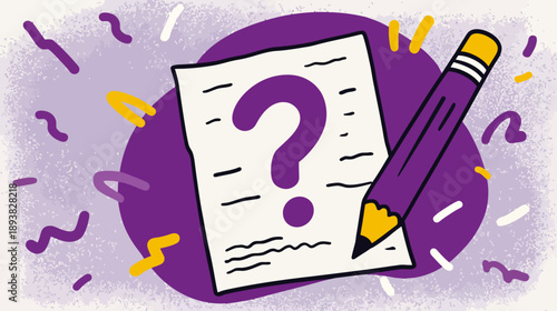 Vibrant illustration of a question mark on paper with a pencil, depicting inquiry, problem-solving, decision-making, or doubt.