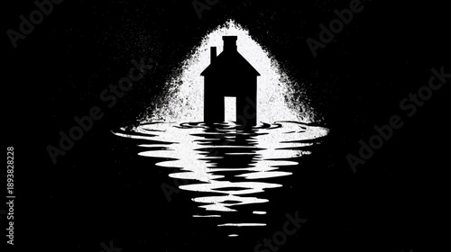 Minimalist black and white illustration of an isolated house silhouette reflecting on water with a dramatic, mysterious light.