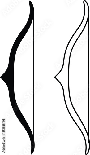 Side view bow icons collection and group of archery weapon set isolated on transparent background, flat line black vector illustration of traditional hunting bow symbols