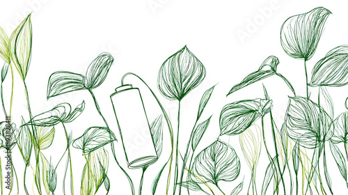 Green plants and leaves with a battery in a hand-drawn sketch style, symbolizing sustainable energy and ecological growth on white.